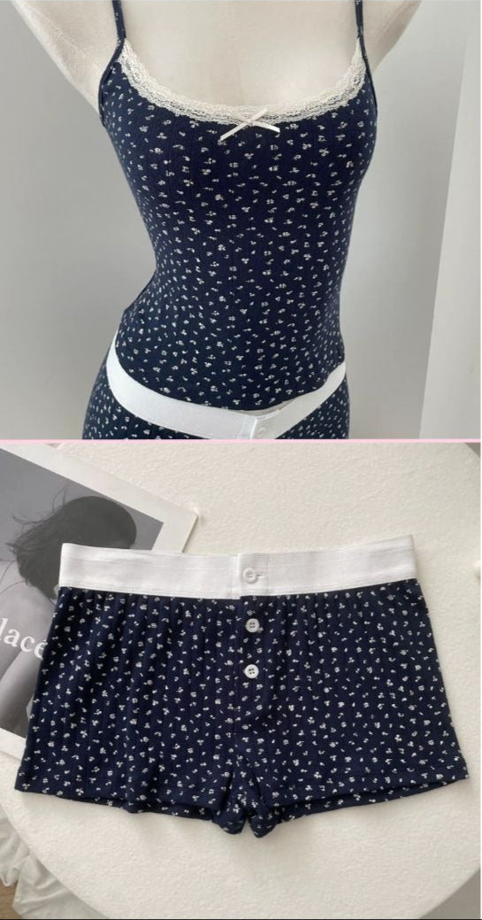 Navy Blue Shirt & Shorts W/ White Flowers
