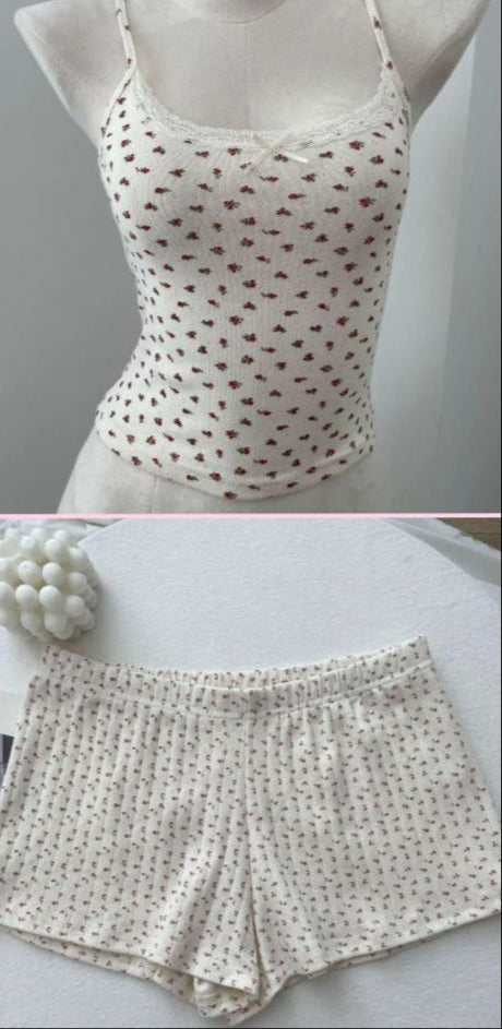 Cream Shirt & Shorts W/ Red Flowers