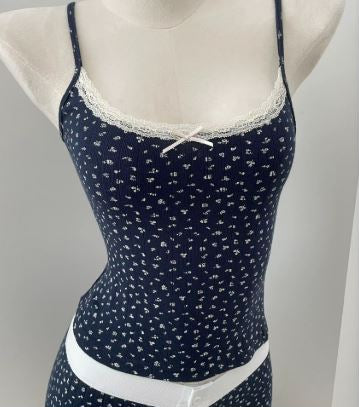 Navy Blue Shirt & Shorts W/ White Flowers