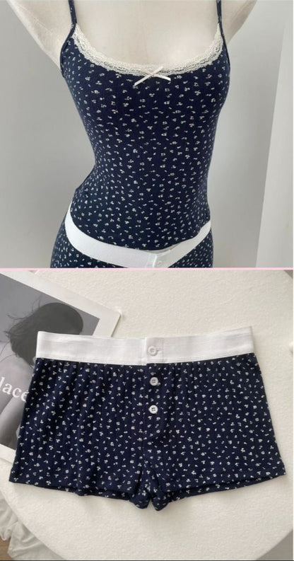 Navy Blue Shirt & Shorts W/ White Flowers