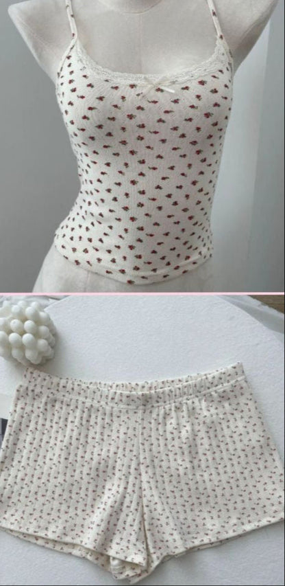 Cream Shirt & Shorts W/ Red Flowers