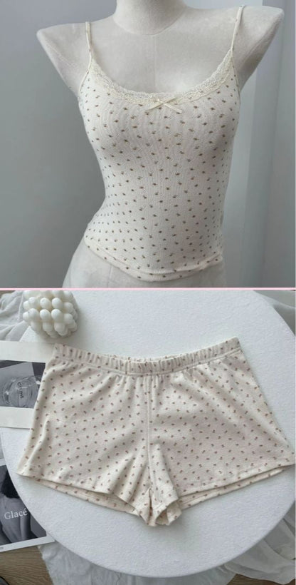 Cream Shirt & Shorts W/ Pink Flowers